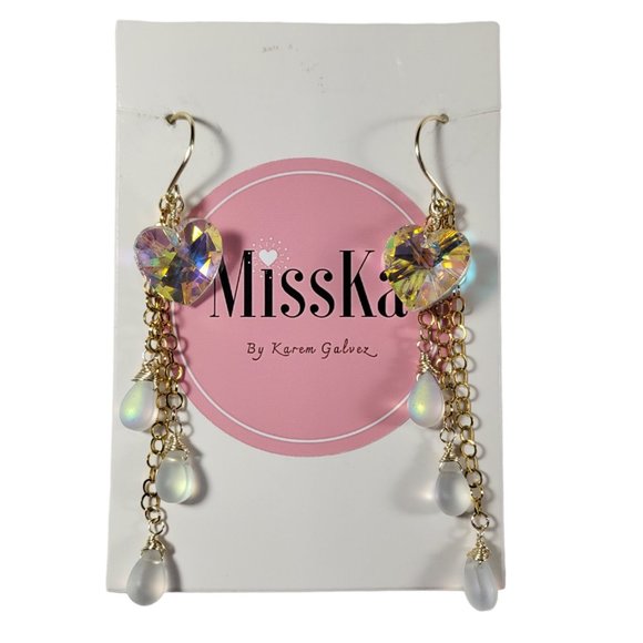 HEARTS CRYSTAL EARRINGS AURORA BOREAL / 18K GOLD PLATED COQUETTE KOREAN STYLE - Picture 1 of 5